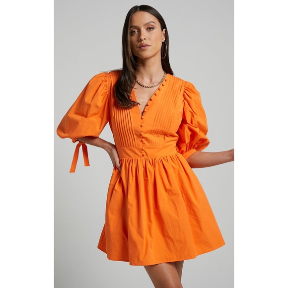 Showpo Dresses & Skirts - Showpo Zandra Mini Dress Size 8 Orange Puff Sleeve Cotton Poplin Vibrant Bright